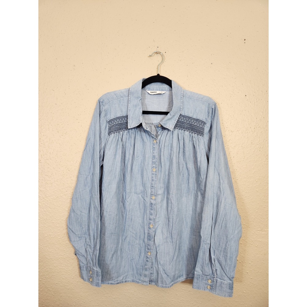 Sonoma Chambray Shirt Womens XL Embroidered Long Sleeve Casual‎ Top